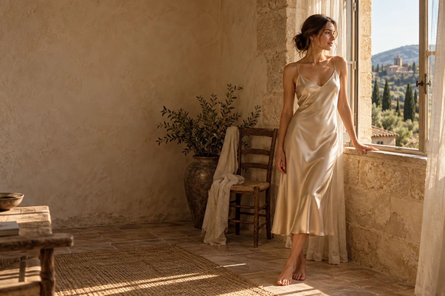 A champagne silk midi dress in the warm light of a French country house