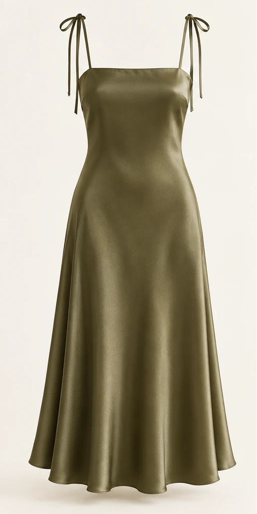 Margot Tie-Strap Midi Dress in Olive — front view