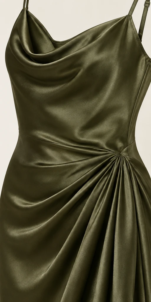 Madeleine Draped Maxi Dress in Deep Olive — detail view